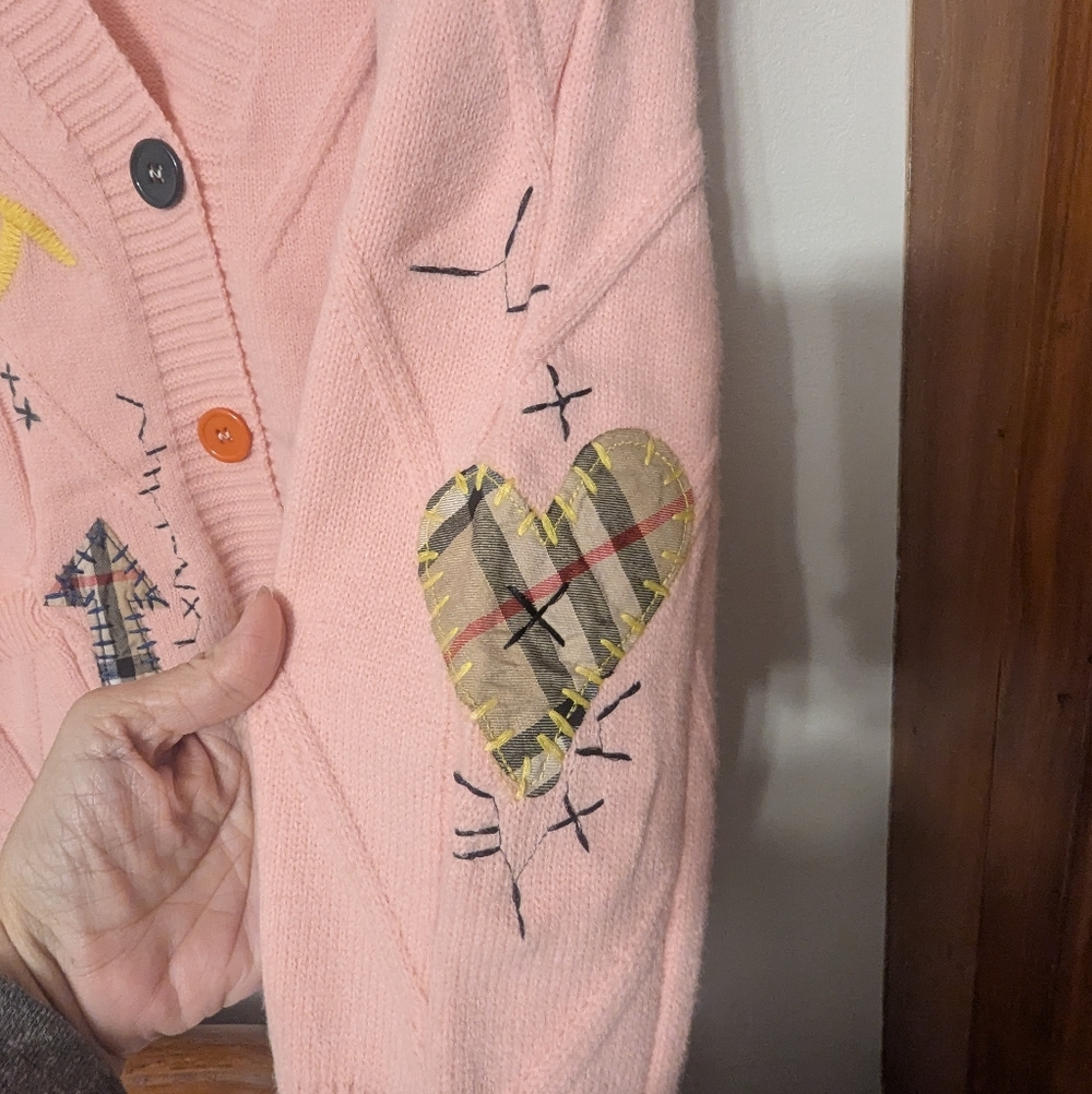 Patchwork Wool Blend Embroidered Pink Cardigan Ne… - image 3